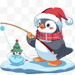 蓝色冬天背景图片_冬天钓鱼企鹅手绘元素卡通