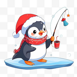 卡通冬天钓鱼企鹅手绘元素
