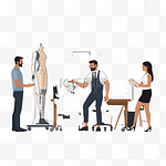 在大车间里，年轻成功的男性时装设计师或裁缝戴着假肢站在工作场所与女性同事对峙