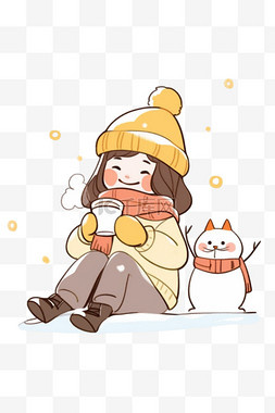冬天可爱女孩雪人手绘卡通元素