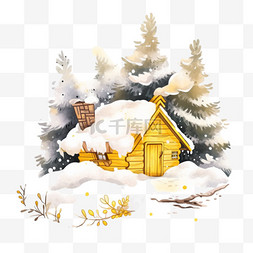 冬天树木雪天木屋卡通手绘元素
