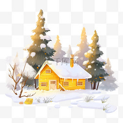 雪天松树图片_冬天木屋卡通树木雪天手绘元素