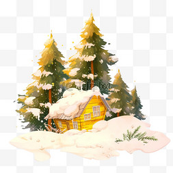 卡通雪天松树图片_木屋树木雪天冬天卡通手绘元素