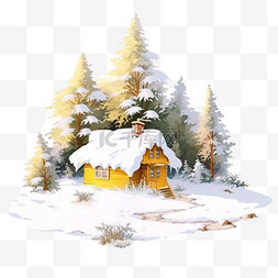 手绘冬天木屋树木雪天卡通元素