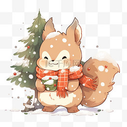 手绘松果PNG图片_圣诞节可爱松鼠卡通手绘冬天元素