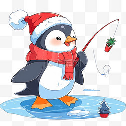 手绘蓝色冬天图片_手绘元素冬天钓鱼企鹅卡通
