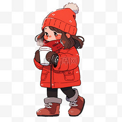 冬季纯色围巾图片_可爱孩子喝咖啡冬天卡通手绘元素