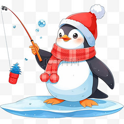 卡通冰面背景图片_冬天钓鱼企鹅手绘元素卡通