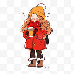 冬季纯色围巾图片_冬天可爱孩子卡通喝咖啡手绘元素