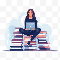 学习的女人图片_坐在书堆上在线学习的女人