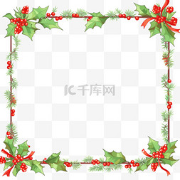 圣诞节卡通绿叶红白边框手绘元素