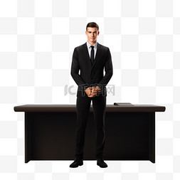 站在桌子上图片_一名身穿黑色衬衫、打着领带的男