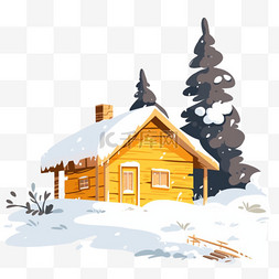 冬天卡通树木图片_冬天木屋树木雪天卡通手绘元素