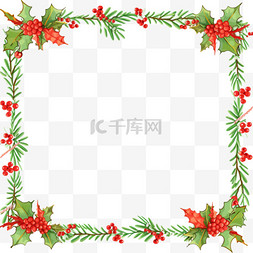 圣诞节绿叶卡通红白边框手绘元素