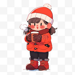 冬季纯色围巾图片_冬天卡通可爱孩子喝咖啡手绘元素