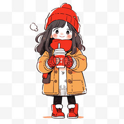 冬季纯色围巾图片_冬天可爱孩子手绘喝咖啡卡通元素