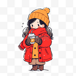 卡通手绘冬天可爱孩子喝咖啡元素