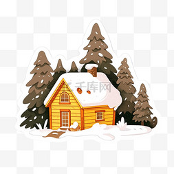 冬天树木木屋雪天卡通手绘元素