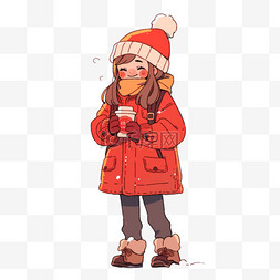 冬天可爱孩子喝咖啡手绘卡通元素