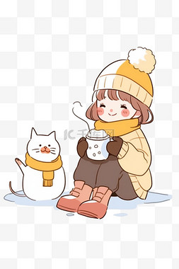 冬天手绘可爱女孩雪人卡通元素