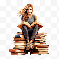 做自信女人图片_坐在书堆上看书的女人