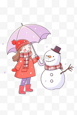冬天紫色图片_冬天雪人拿伞女孩卡通手绘元素
