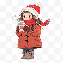红色简约素材背景图片_喝咖啡冬天可爱孩子卡通手绘元素