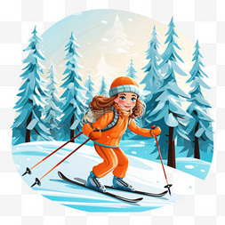 滑雪女孩图片_在树林里滑雪的女孩