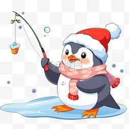 企鹅蓝色图片_冬天手绘元素钓鱼企鹅卡通