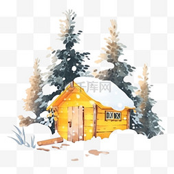 冬天木屋树木雪天手绘元素卡通