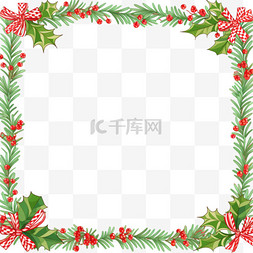 圣诞节绿叶红白边框手绘元素卡通
