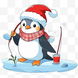 圣诞帽企鹅图片_企鹅冬天钓鱼卡通手绘元素