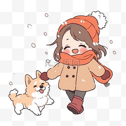 雪地玩耍女孩图片_冬天可爱女孩小狗雪地玩耍卡通手