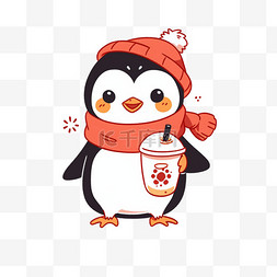 红色卡通圣诞帽图片_冬天手绘圣诞节可爱的企鹅卡通元