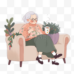 慈祥奶奶喝咖啡冬天卡通手绘元素