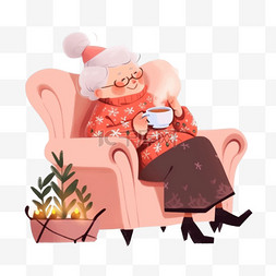 冬天慈祥奶奶卡通喝咖啡手绘元素