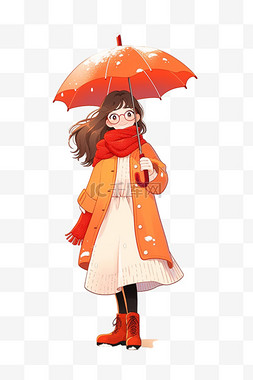 害羞的手拿雨伞图片_冬天下雪女孩手绘元素卡通