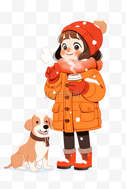 棕色羽绒服图片_冬天卡通可爱女孩宠物咖啡手绘元