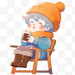 蓝色冬天背景图片_冬天可爱孩子喝咖啡手绘卡通元素