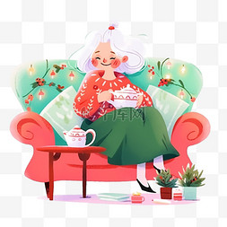 慈祥奶奶喝咖啡卡通手绘冬天元素