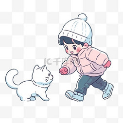可爱孩子宠物玩雪卡通手绘冬天元