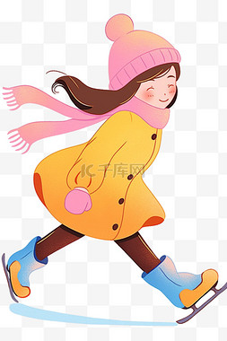 粉色背景女孩图片_可爱女孩冬天滑冰卡通手绘元素
