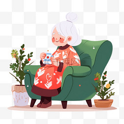 慈祥奶奶喝咖啡卡通手绘元素冬天