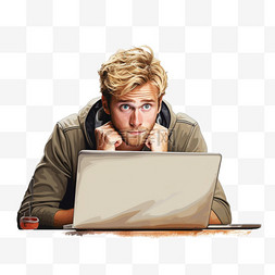 在笔记本电脑后面思考的金发男人