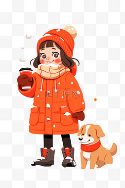棕色羽绒服图片_可爱女孩宠物咖啡卡通手绘元素冬