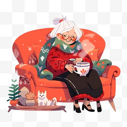 冬天卡通慈祥奶奶喝咖啡手绘元素
