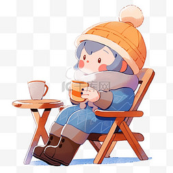 冬天手绘元素可爱孩子喝咖啡卡通