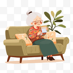 冬天慈祥奶奶喝咖啡手绘元素卡通