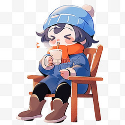 冬天可爱孩子喝咖啡卡通元素手绘