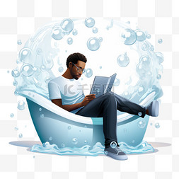 浴缸里拿着平板电脑的男人